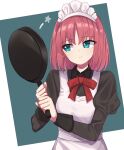  1girl apron bangs black_dress blue_eyes bow bowtie closed_mouth commentary_request dress expressionless eyebrows_visible_through_hair frying_pan highres hisui_(tsukihime) holding holding_frying_pan juliet_sleeves long_sleeves looking_to_the_side maid maid_apron maid_headdress melty_blood pocchari puffy_sleeves red_bow redhead short_hair solo star_(symbol) tsukihime upper_body white_apron 