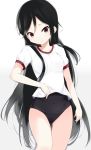  a_channel bad_id black_hair blush breasts brown_eyes clothed_navel collarbone face gym_uniform long_hair navel nervous nishi_yuuko school_swimsuit simple_background soburi solo swimsuit swimsuit_under_clothes thigh_gap thighs tsurime very_long_hair yuuko_(a_channel) 