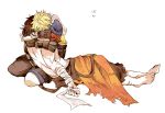  age_difference bandage bandages barefoot black_hair blonde_hair father_and_son feet final_fantasy final_fantasy_x gloves hug jecht male multiple_boys rinako_(rococo) rococo_france shirtless simple_background tidus translated white_background 