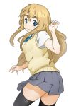  blonde_hair blue_eyes eyebrows face k-on! kotobuki_tsumugi long_hair looking_back multiple_girls onsoku_maru school_uniform simple_background skirt solo sweater_vest thick_eyebrows thigh-highs thighhighs 