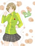  brown_hair persona persona_4 satonaka_chie short_hair skirt smiley_face tegaki track_jacket wink 