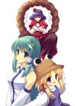 aqua_eyes blonde_hair blue_eyes blue_hair bust detached_sleeves green_eyes green_hair hat kochiya_sanae long_skirt moriya_suwako mountain_of_faith multiple_girls nanashi_(soregashi) outstretched_arms red_eyes shide shimenawa skirt spread_arms touhou v_arms yasaka_kanako