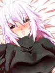  bed bed_sheet breasts bust close-up hair_down jin_(artist) lips long_sleeves lying on_back red_eyes solo sweater vocaloid voyakiloid white_hair yowane_haku 