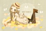  bow braid brown_hair butterfly hat legs_up long_hair lying mizutamako on_stomach original pantyhose solo striped striped_legwear twin_braids vertical-striped_legwear vertical_stripes 