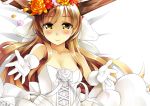  alternate_costume bad_id bare_shoulders blush breasts brown_hair bust cleavage dress face flower hands horns ibuki_suika long_hair looking_at_viewer outstretched_arms smile solo tears topo_bevitore touhou very_long_hair wedding_dress yellow_eyes 