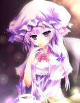  blush bow bust capelet chair cookie cup eating food hair_bow hat light long_hair patchouli_knowledge purple_eyes purple_hair quill shoken_narai solo tea teacup touhou violet_eyes 