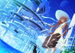  blue_eyes boots brown_hair cat choker collar condensation_trail contrail dress dutch_angle hat highres itsuwa_(lethal-kemomimi) knee_boots long_hair moon original science_fiction sign solo suitcase sun_hat very_long_hair water 