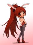  animal_ears blush bow bunny_ears bunny_tail bunnysuit chibi fang hair_bow high_heels highres leotard long_hair looking_back mahou_shoujo_madoka_magica pantyhose ponytail red_eyes red_hair redhead sakura_kyouko shinanoya_(satanicad) shoes solo tail very_long_hair 