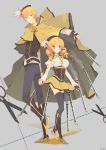  blonde_hair boots breasts cape corset damil detached_sleeves dotted_line dotted_outline drill_hair dual_persona field_of_blades fingerless_gloves genderswap gloves grey_legwear gun hair_ornament hairpin hat height_difference highres large_breasts las_z magical_girl magical_musket mahou_shoujo_madoka_magica pleated_skirt puffy_sleeves ribbon scissors size_difference skirt smile taut_shirt thigh-highs thighhighs tomoe_mami vertical-striped_legwear vertical_stripes vest weapon yellow_eyes zettai_ryouiki 