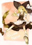  ;d bad_id blonde_hair broom broom_riding hand_on_hat hat kirisame_marisa kol49 open_mouth smile solo touhou wink witch witch_hat yellow_eyes 