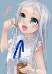  bad_id blue_eyes blush dress eating face food highres honma_meiko jar menma namesake open_mouth pisuke pun silver_hair solo 