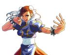 bracelet brown_eyes brown_hair bun_cover capcom china_dress chinese_clothes chun-li highres jewelry nansei pantyhose solo spiked_bracelet spikes street_fighter 