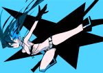  belt bikini_top black_hair black_rock_shooter black_rock_shooter_(character) blue_eyes boots gloves glowing glowing_eyes highres kimimaru long_hair midriff navel pale_skin scar short_shorts shorts simple_background star stitches sword twintails weapon 