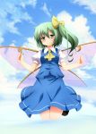 ascot ayase_midori blue_sky blush bow cloud clouds daiyousei fairy_wings green_eyes green_hair hair_bow jumping side_ponytail skirt sky smile solo touhou wings 