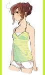  ahoge alternate_costume alternate_hairstyle arm_behind_back artist_request axis_powers_hetalia bangs bare_shoulders beads blush brown_eyes brown_hair flower flowerchorus frown genderswap hair_bun hair_flower hair_ornament hair_up looking_away ponytail short_shorts shorts simple_background sleeveless solo southern_italy_(hetalia) standing striped swept_bangs tank_top white_background 