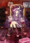  absurdres adapted_costume blush book boots breasts checkered checkered_floor cleavage clock crescent cross-laced_footwear hat highres lace-up_boots long_hair magic_circle patchouli_knowledge pentagram purple_hair sitting solo touhou xe-cox yellow_eyes 