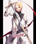  1girl armor blonde_hair km_(artist) original scabbard sheath short_hair smile solo sword unsheathing weapon 