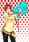  brown_eyes brown_hair candy digital_media_player evoker female_protagonist_(persona_3) food hair_ornament headphones nikokorozashi_juuji persona persona_3 persona_3_portable ribbon shirt_lift solo undressing 