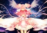  alternate_costume alternate_hairstyle choker closed_eyes dress dual_persona eyes_closed feathers galaxy gloves glowing goddess_madoka highres hug hug_from_behind kaname_madoka light_smile long_hair mahou_shoujo_madoka_magica multiple_girls outstretched_arms pink_eyes pink_hair puffy_sleeves short_hair space spoilers tamachi_kuwa transparent twintails ultimate_madoka very_long_hair white_dress white_gloves wings 
