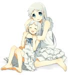  bad_id barefoot blue_eyes closed_eyes dress dual_persona eyes_closed feet honma_meiko hug long_hair shinonome silver_hair time_paradox young 