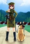  1girl akm akms assault_rifle blue_eyes blush boots brown_hair cloud clouds communism copyright_request dog gate german_shepherd gun hair_ornament hairclip hammer_and_sickle hand_on_hip hat hips kgb leash military military_uniform mizuki_ame mountain open_mouth outstretched_hand rifle road serious skirt sky solo soviet tongue tree uniform weapon 