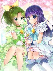  2girls aoki_reika arm_warmers blue_dress blue_eyes blue_hair boots choker cosplay cure_beauty cure_beauty_(cosplay) cure_march cure_march_(cosplay) dress fingerless_gloves gloves green_dress green_eyes green_hair hair_ornament hair_ribbon haori_(ki-na-ri) holding_hands long_hair midorikawa_nao multiple_girls ponytail precure princess_form_(smile_precure!) ribbon smile_precure! wrist_cuffs yuri 