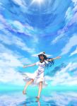  blue_eyes blue_hair bra cloud clouds din_(flypaper) dress feet flower hat lens_flare lingerie long_hair open_mouth original outstretched_arms reflection ripples sky smile solo spread_arms standing_on_water sun sun_hat sundress underwear water white_dress 