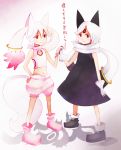  androgynous animal_ears bad_id boots creature detached_sleeves facial_mark forehead_mark gloves hand_on_hip hips juubey_(kazumi_magica) kusayusaai kyubey mahou_shoujo_kazumi_magica mahou_shoujo_madoka_magica multiple_girls navel personification red_eyes scarf silhouette tail translated white_hair 