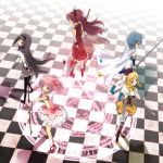  akemi_homura beret boots bow_(weapon) brown_legwear checkered checkered_floor detached_sleeves drill_hair dual_wielding fingerless_gloves from_above gloves gun hair_ornament hairpin hat kaname_madoka magic_circle magical_girl magical_musket mahou_shoujo_madoka_magica miki_sayaka multiple_girls nora-toro pleated_skirt puffy_sleeves ribbon rifle sakura_kyouko shoes skirt soul_gem sword thighhighs tomoe_mami twin_drills vertical-striped_legwear vertical_stripes weapon zettai_ryouiki 