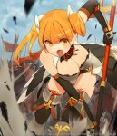  1girl armor armored_dress blonde_hair boots breasts character_request cleavage fang faulds full_armor gauntlets greaves hair_ribbon halberd helm helmet large_breasts long_hair open_mouth orange_eyes pauldrons polearm ribbon soldier spear ssberit thigh_boots thighhighs twintails watermark weapon 