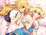  alice_margatroid bed bed_sheet blonde_hair blue_eyes braid capelet hairband hand_on_own_face hand_to_face hand_to_mouth kirisame_marisa long_hair lying multiple_girls no_hat no_headwear nozumi on_back on_side short_hair thighhighs tokira_nozumi touhou yellow_eyes 