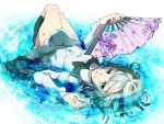  black_legwear fan folding_fan green_eyes hirasaka_(okome13) kneehighs konpaku_youmu legs lying on_back paper_fan short_hair silver_hair smile solo submerged touhou water 