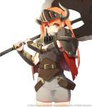  1girl armor armored_dress battle_axe belt blonde_hair breastplate cape character_request horns huge_weapon long_hair open_mouth orange_eyes over_shoulder pauldrons simple_background solo ssberit vambraces visor_(armor) watermark weapon weapon_over_shoulder white_background 