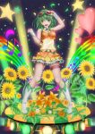  1girl boots breasts flower frilled_skirt goggles goggles_on_head green_eyes green_hair gumi heart knee_boots musical_note short_hair sleeveless smile solo sunflower tsuchi_ryuu vocaloid wrist_cuffs 