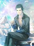  black_hair chest comin el_shaddai feathers lucifel_(el_shaddai) lucifer_(el_shaddai) male open_clothes open_shirt red_eyes shirt short_hair sitting sitting_on_object solo umbrella 