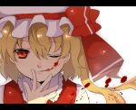  :p :q ascot bad_id blonde_hair blood blood_on_face close-up face flandre_scarlet hands hat nemotoayane red_eyes short_hair solo tongue touhou wink 