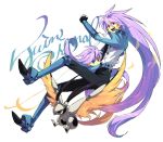  ahoge bird blue_eyes boots clenched_hand coat code_(twin_signal) ebira fist gloves happy long_hair multicolored_eyes multiple_boys open_mouth pants purple_eyes purple_hair signal_(twin_signal) title_drop twin_signal very_long_hair violet_eyes yellow_eyes 