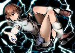  1girl biribiri brown_eyes brown_hair electricity grin hair_ornament hairclip loose_socks misaka_mikoto outstretched_hand school_uniform short_hair shorts_under_skirt skirt small_breasts smile socks solo sweater_vest to_aru_kagaku_no_railgun to_aru_majutsu_no_index tsuchi_ryuu 