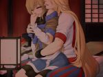  arm_warmers biting blonde_hair closed_eyes ear_biting eargasm ebz eyes_closed head_out_of_frame hoshiguma_yuugi hug indoors long_hair mizuhashi_parsee multiple_girls neko_majin pointy_ears short_hair teeth touhou very_long_hair yuri 