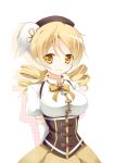  arms_behind_back blonde_hair bowtie breasts chibi_arisu corset drill_hair gloves hat large_breasts light_smile mahou_shoujo_madoka_magica simple_background solo tomoe_mami twin_drills twintails yellow_eyes 