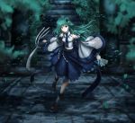  blurry depth_of_field detached_sleeves frog gohei green_eyes green_hair hair_ornament highres kochiya_sanae leaf long_hair navel night ofuda shide skyspace snake solo stairs touhou 