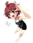  bare_legs barefoot brown_eyes brown_hair from_above hair_bobbles hair_ornament heart maromi_(am97) marui_futaba mitsudomoe open_mouth ponytail shorts solo tank_top 