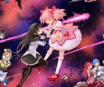  asteroid black_eyes black_hair dual_persona hand_holding holding_hands inai_inai kaname_madoka kyubey long_hair looping magical_girl mahou_shoujo_madoka_magica meteor miki_sayaka pantyhose pink_hair red_eyes riding sakura_kyouko shoes short_hair space spoilers tileable tomoe_mami 