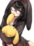  biting black_hair breasts buttons character_doll cleavage darth_wooser doll glasses hoodie long_hair makimura_shunsuke original red_eyes solo wooser_(character) 