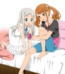  2girls :d anjou_naruko ano_hi_mita_hana_no_namae_wo_bokutachi_wa_mada_shiranai aqua_eyes bad_id barefoot casual dress feet game_boy_advance_sp honma_meiko mattaku_mosuke multiple_girls open_mouth playing_games shorts silver_hair sleeveless smile twintails white_dress 