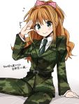  1girl arm_support belt blush bow brown_hair camouflage flying_sweatdrops green_eyes hair_bow hino_akane_(idolmaster) idolmaster idolmaster_cinderella_girls long_hair long_sleeves military military_uniform necktie orange_hair ponytail salute sitting smile solo tagme translation_request tsukudani_norio uniform 