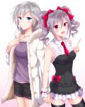  2girls aireenhp anastasia_(idolmaster) blue_eyes blush collarbone cross drill_hair frills holding_hands idolmaster idolmaster_cinderella_girls jacket kanzaki_ranko long_sleeves multiple_girls necktie open_mouth pink_eyes short_hair shorts silver_hair sleeveless smile thighhighs twintails white_background wrist_cuffs 