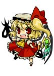  ascot blonde_hair bow chibi flandre_scarlet hair_bow hat mary_janes open_mouth red_eyes shoes side_ponytail simple_background socha solo touhou transparent_background wings 