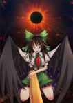  arm_cannon bow brown_hair cape hair_bow long_hair open_mouth red_eyes reiuji_utsuho sioame skirt solo third_eye touhou weapon wings 
