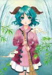  animal_ears aqua_eyes aqua_hair bad_id bamboo bamboo_broom blush broom deepviolet dress green_eyes green_hair holding kasodani_kyouko millipen_(medium) nqdrq679 short_hair solo standing touhou traditional_media watercolor_(medium) 